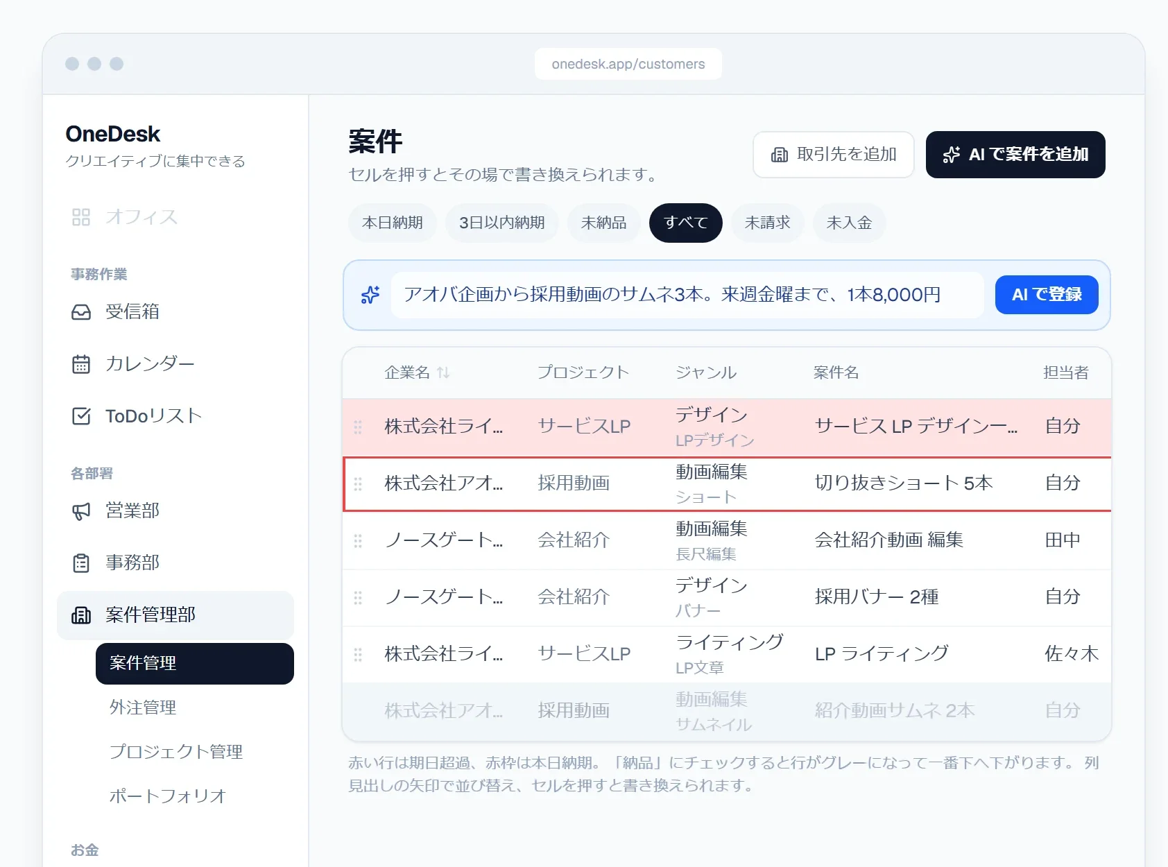 OneDesk の案件管理画面。AIに文章で伝えるだけで案件が登録できる